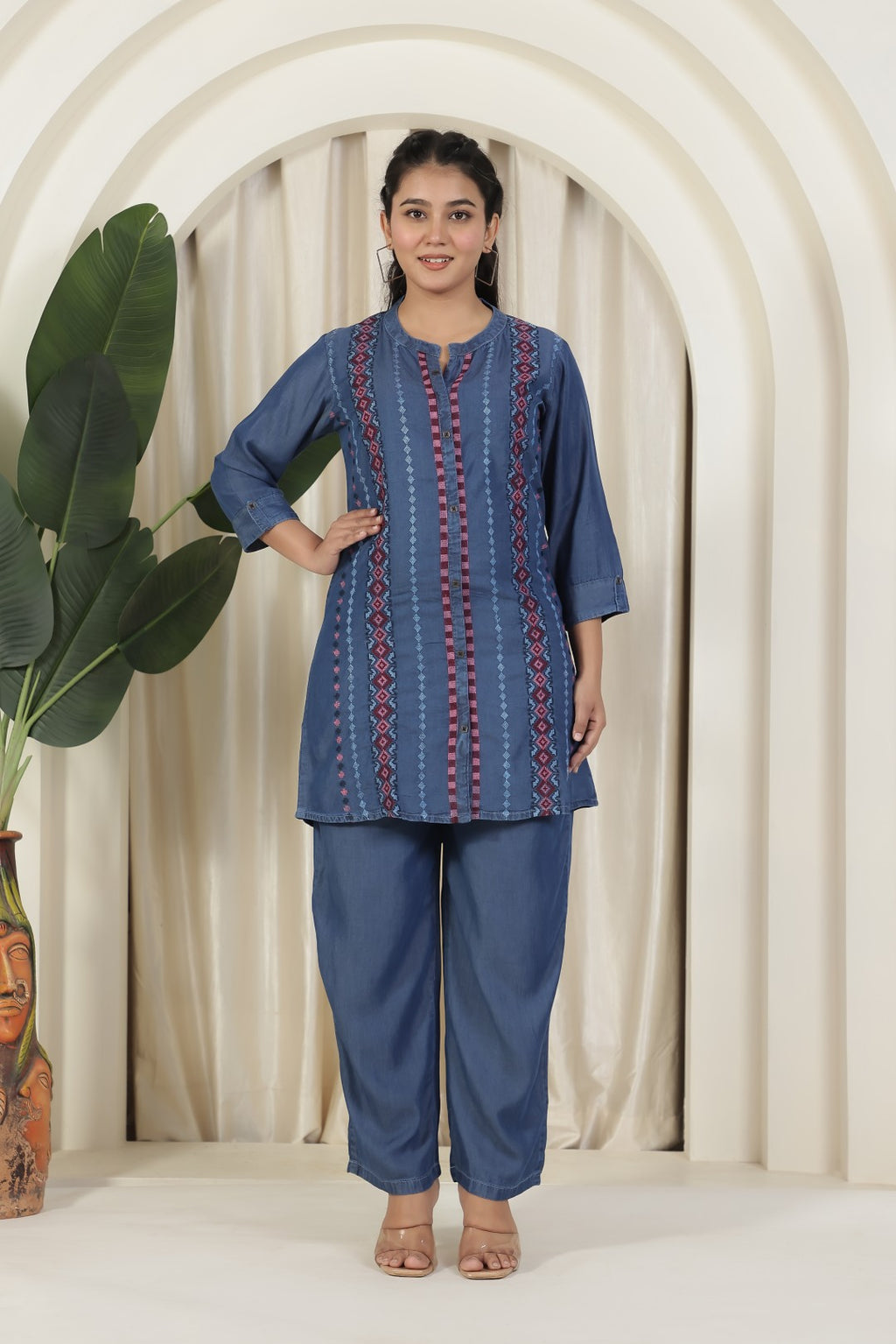 Navy Blue Denim Top with Embroidery and Paired with Matching Pant