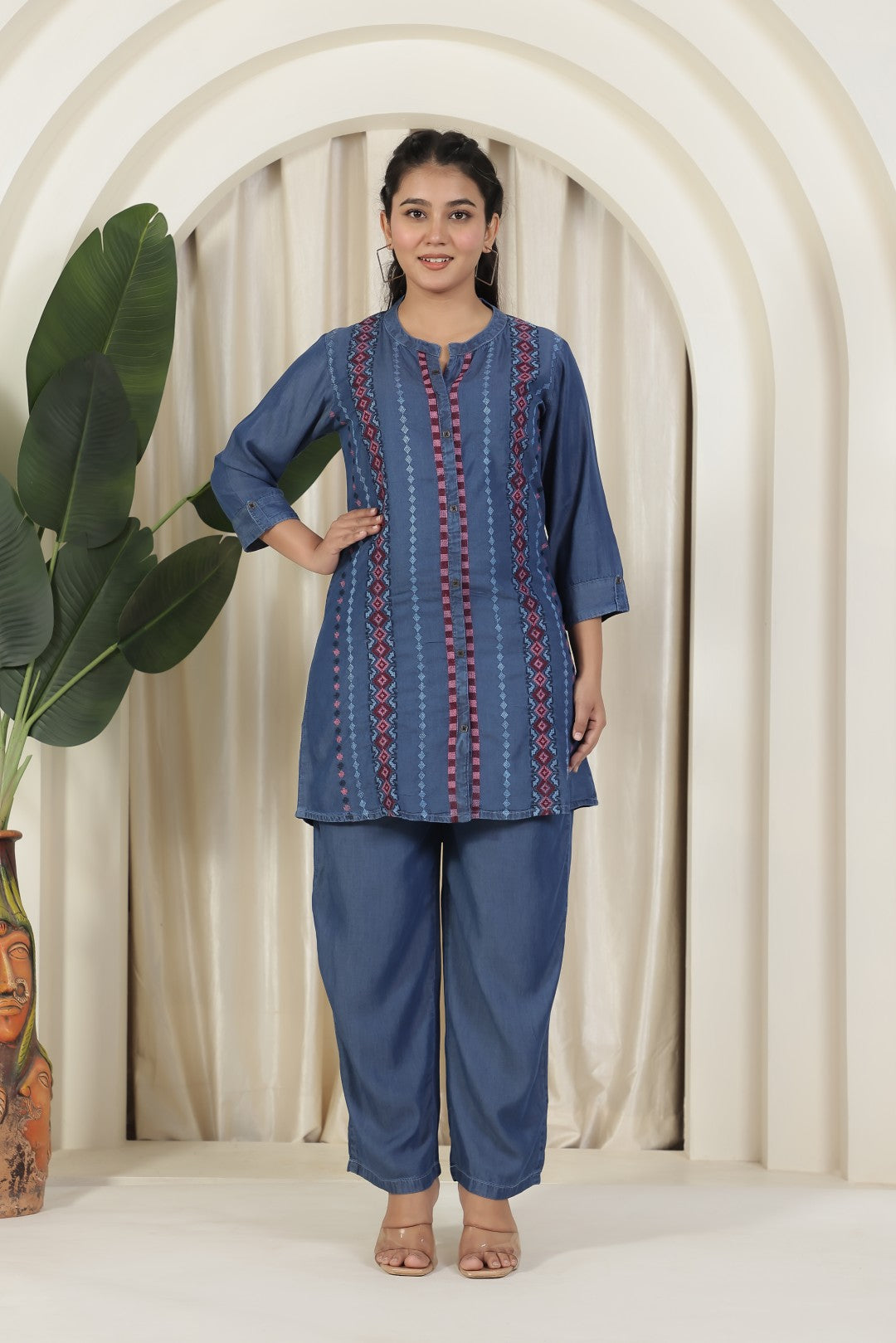 Navy Blue Denim Top with Embroidery and Paired with Matching Pant