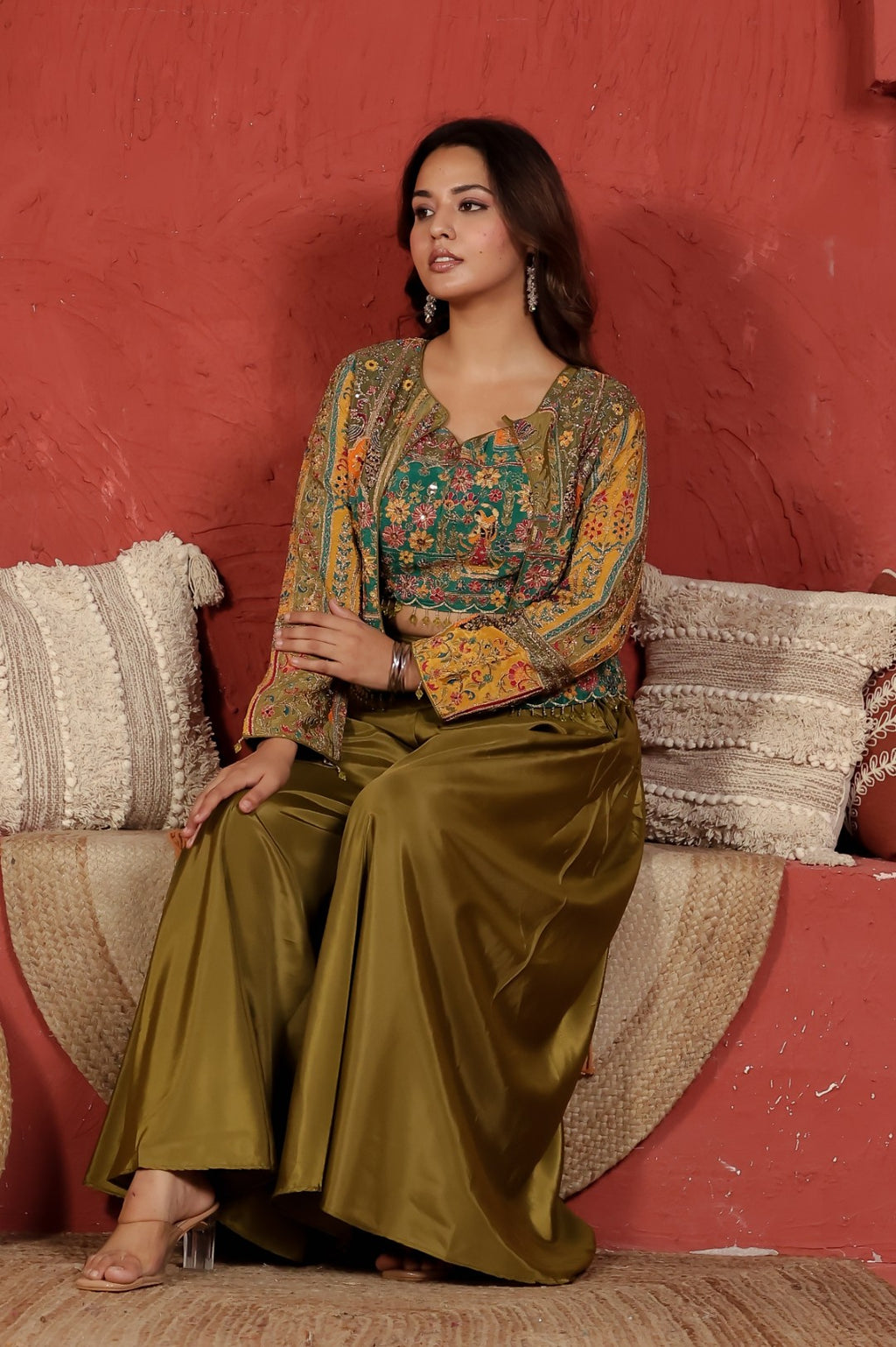 Mehendi Green Crepe Silk with Rajwadi Print & Zari Work Blouse and Jacket