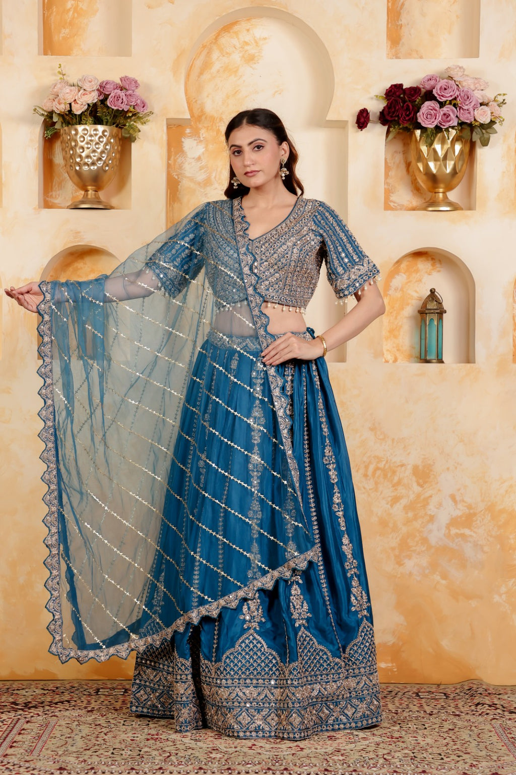 Diesel Blue Chinon Blouse with Heavy Zari & Stone Work, Lehenga & Net Dupatta