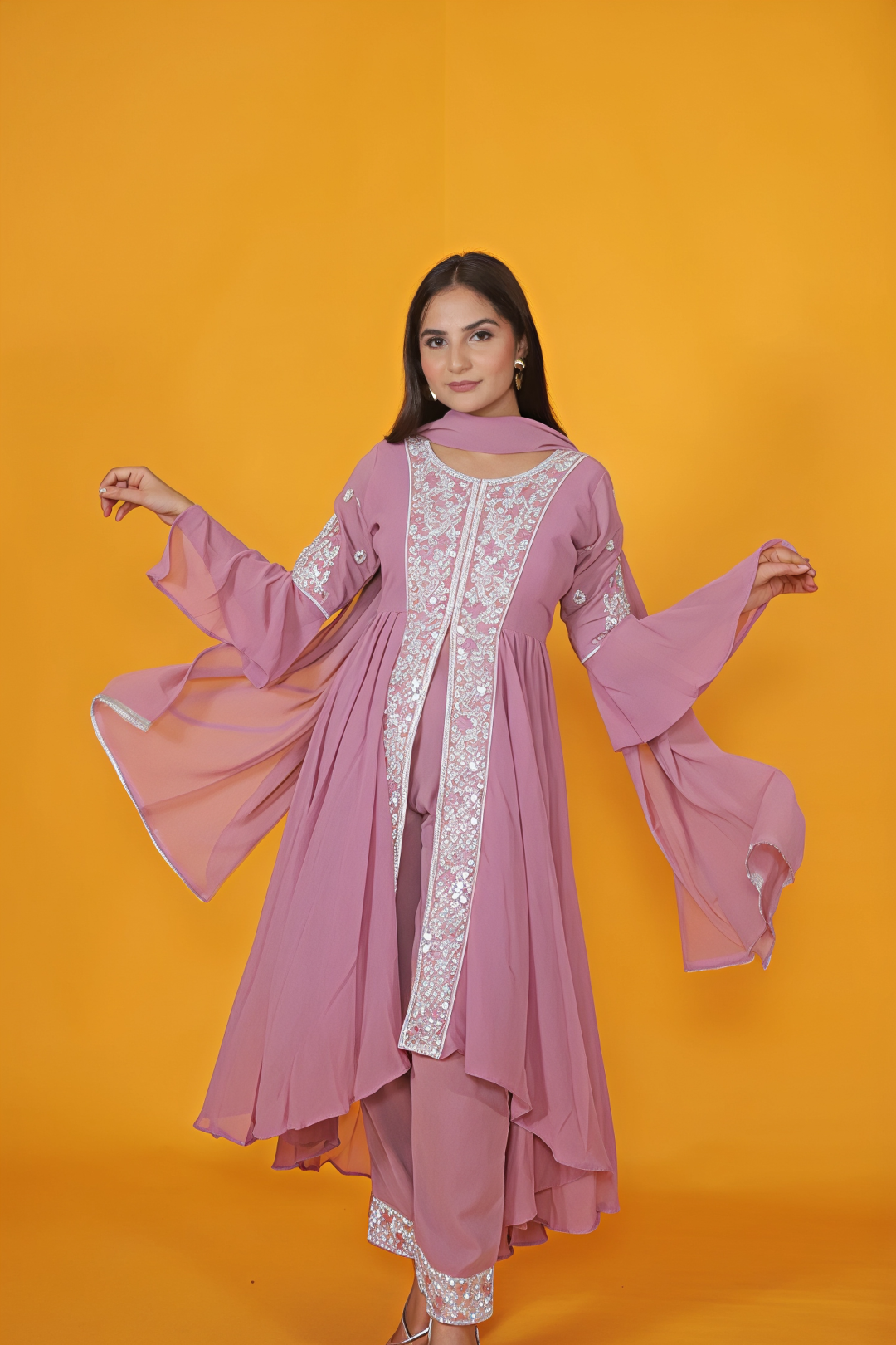 Lavender Georgette Top with Thread Work, Bottom & Dupatta