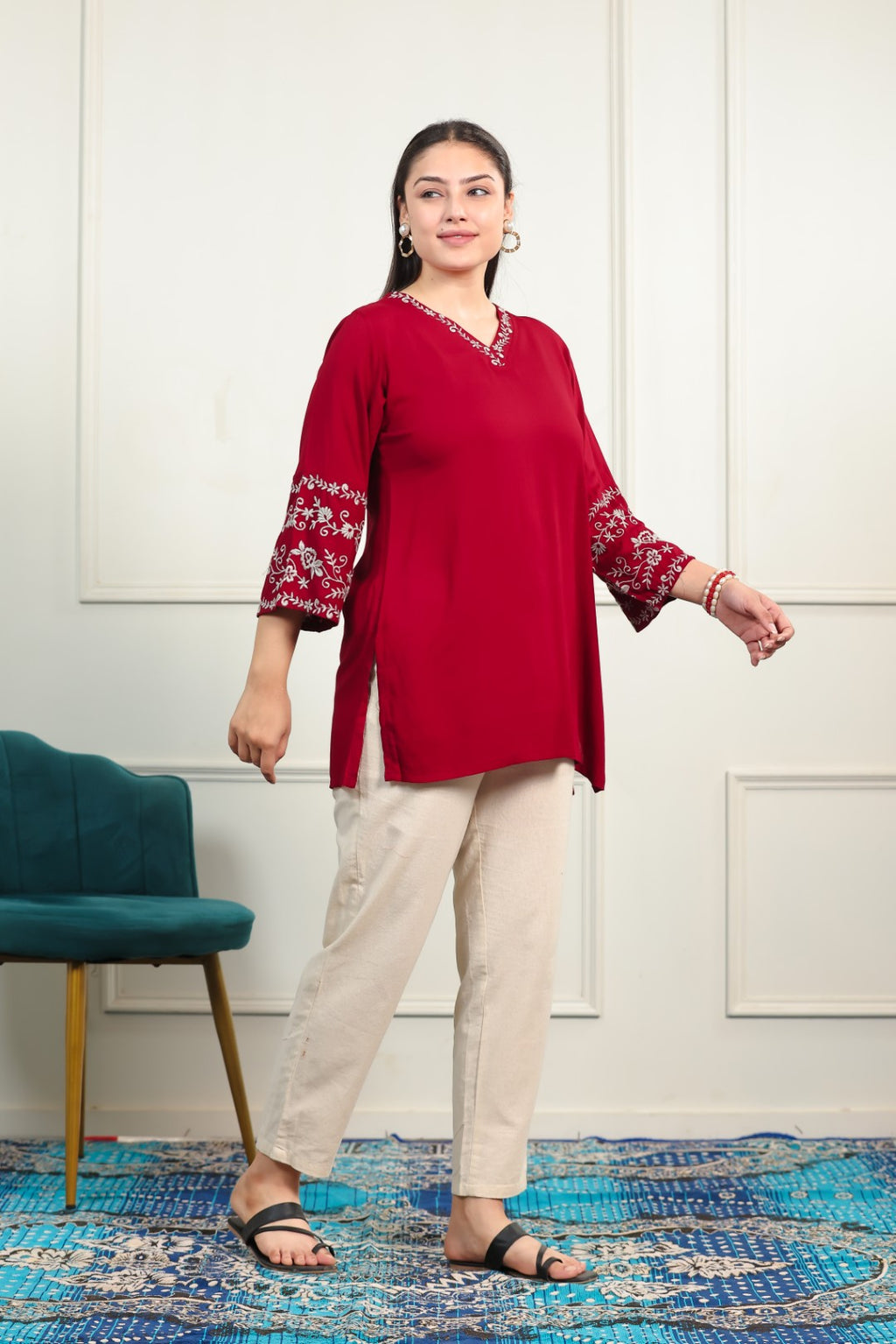 Maroon Rayon Thread Embroidered Short Kurti