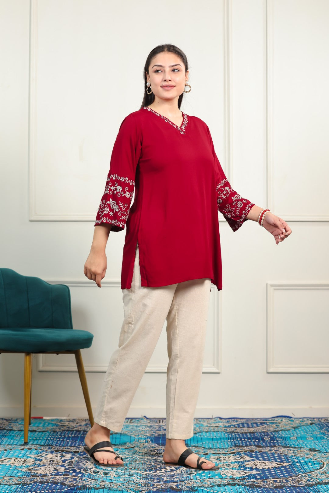 Maroon Rayon Thread Embroidered Short Kurti