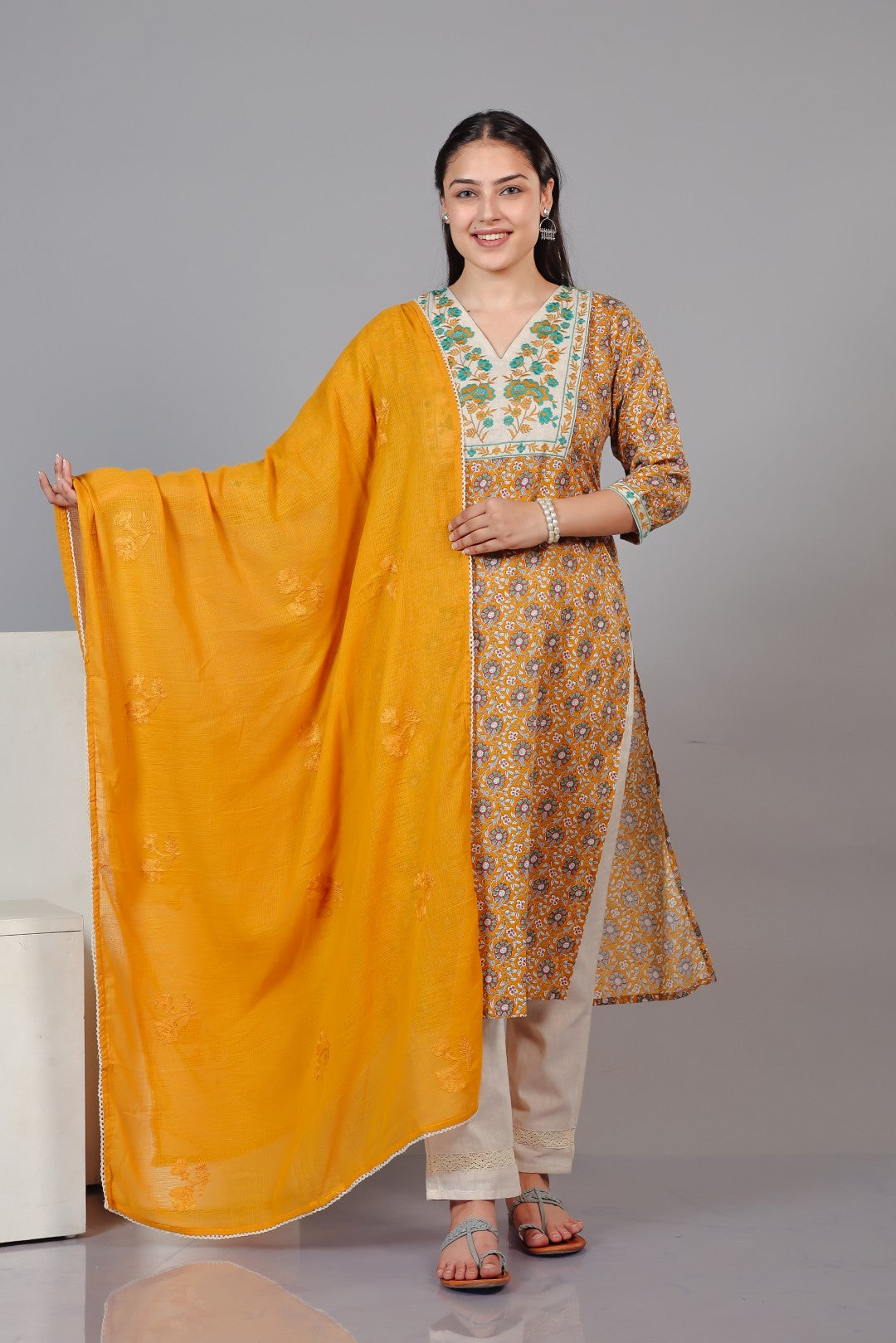 Yellow Cotton Printed Suit with Thread Work, Bottom & Dupatta