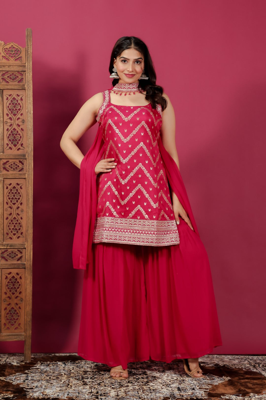Rani Pink Ho Silk Banarasi Top with Zari Work, Sharara & Dupatta
