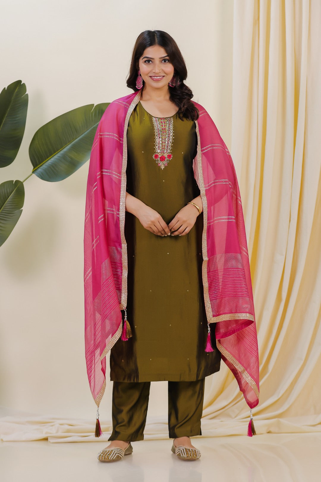 Mehendi Green Muslin Silk Suit with Handwork, Bottom & Dupatta