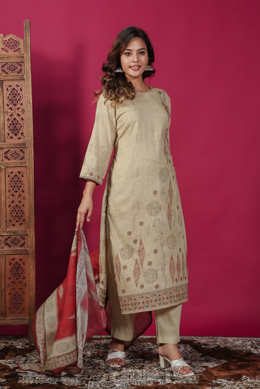 Beige Cotton Katha Print Suit, Bottom & Dupatta
