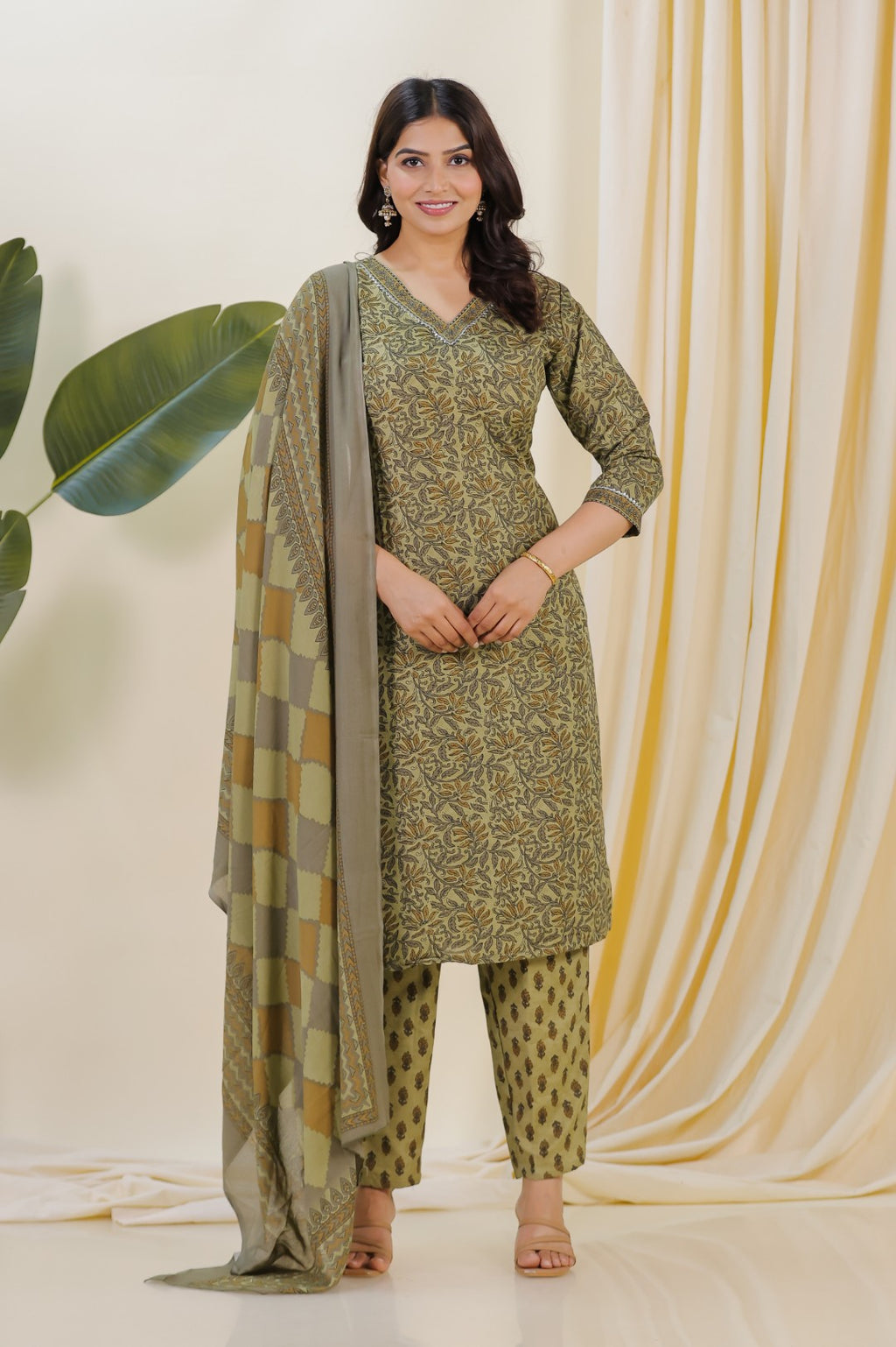 Baby Green Slub Cotton Printed Top with Matching Bottom & Dupatta