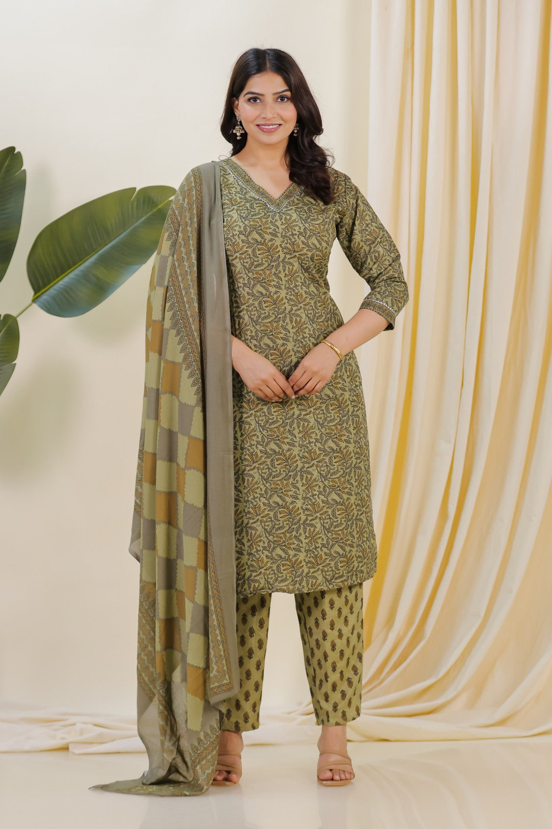 Baby Green Slub Cotton Printed Top with Matching Bottom & Dupatta