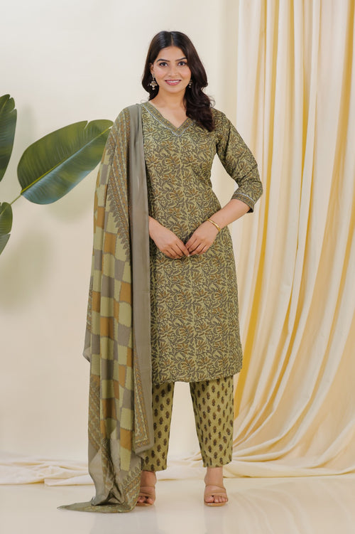 Baby Green Cotton Printed Top Paired with Matching Bottom & Dupatta
