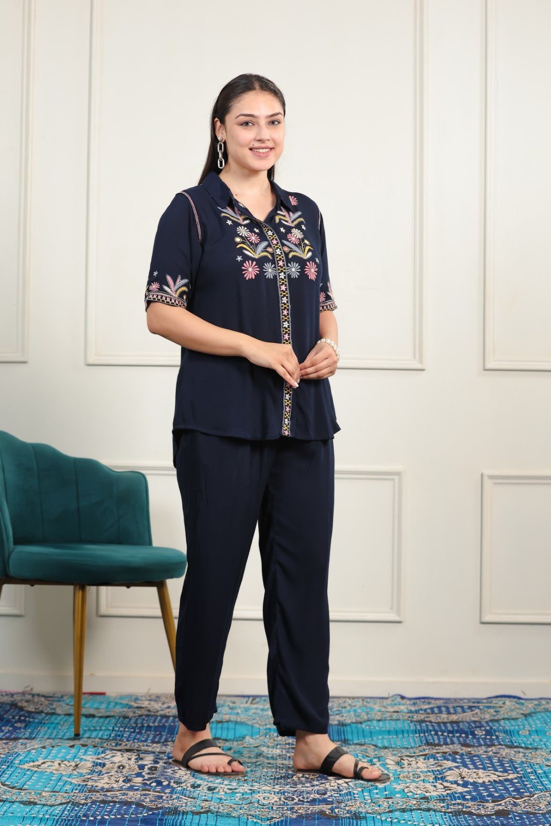 Navy Blue Rayon with Thread Work Co-ord Set