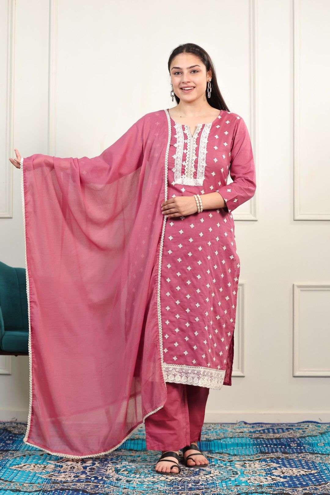Rose Pink Cotton Suit with Fine Thread Work, Bottom & Dupatta