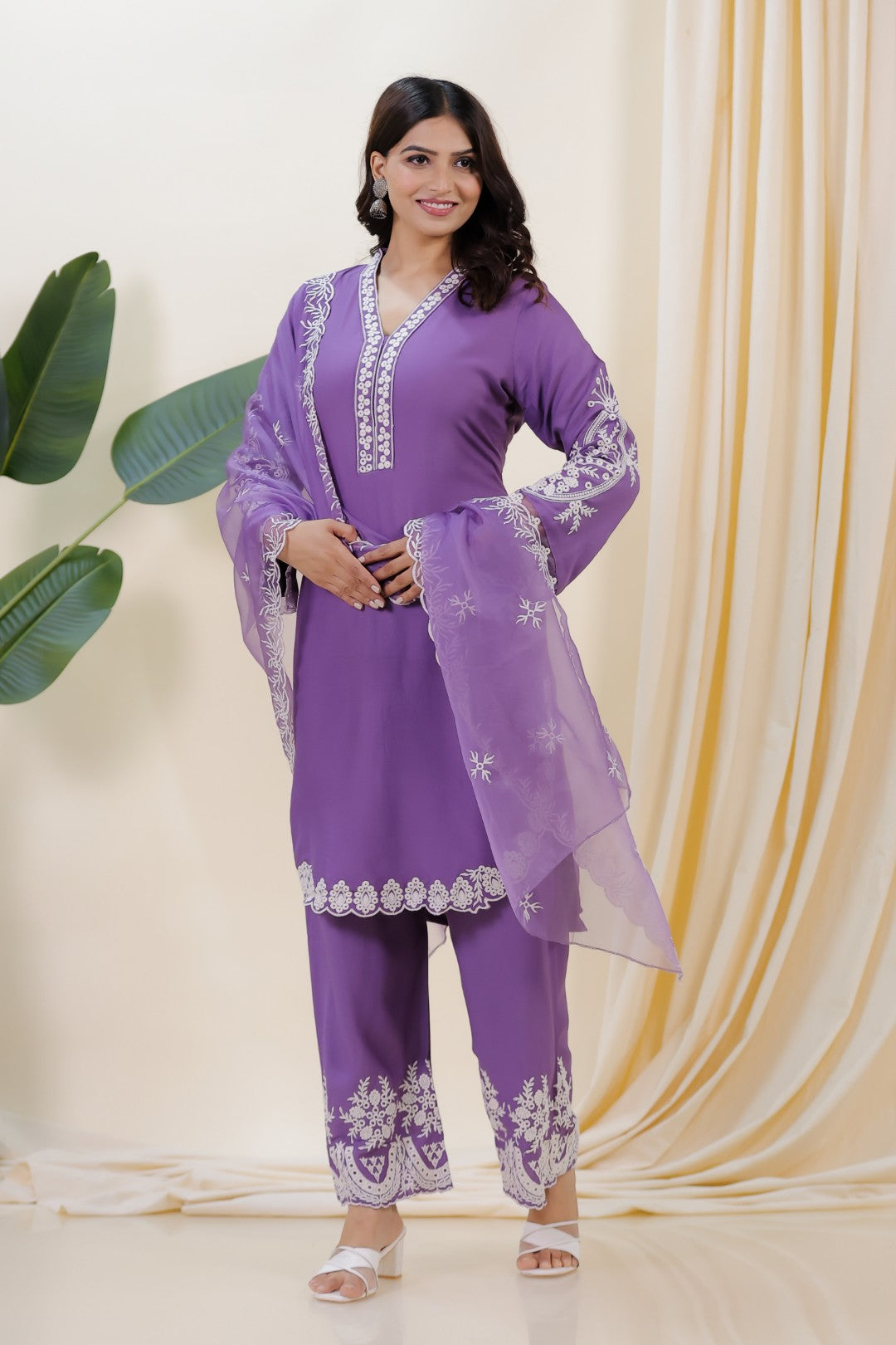 Lavender Rayon Cotton Suit with Thread Work, Palazzo Dupatta