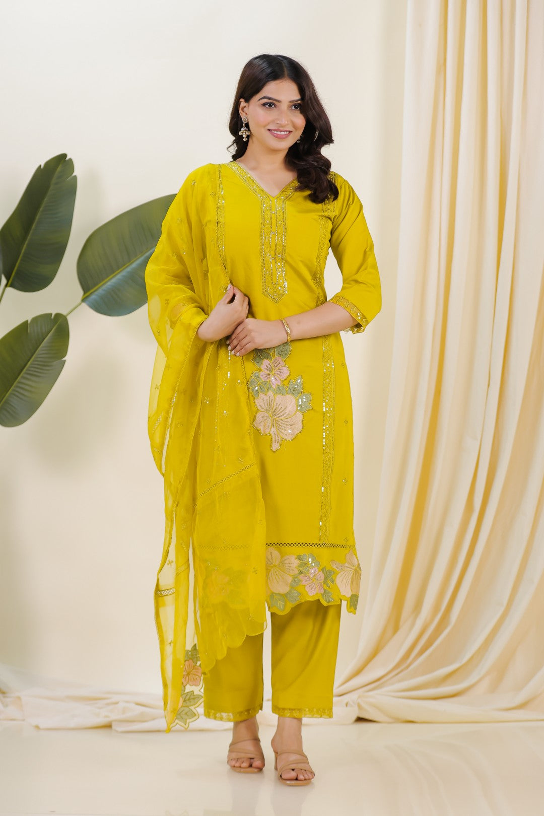 Olive Yellow Muslin Suit with Embroidery, Bottom & Dupatta