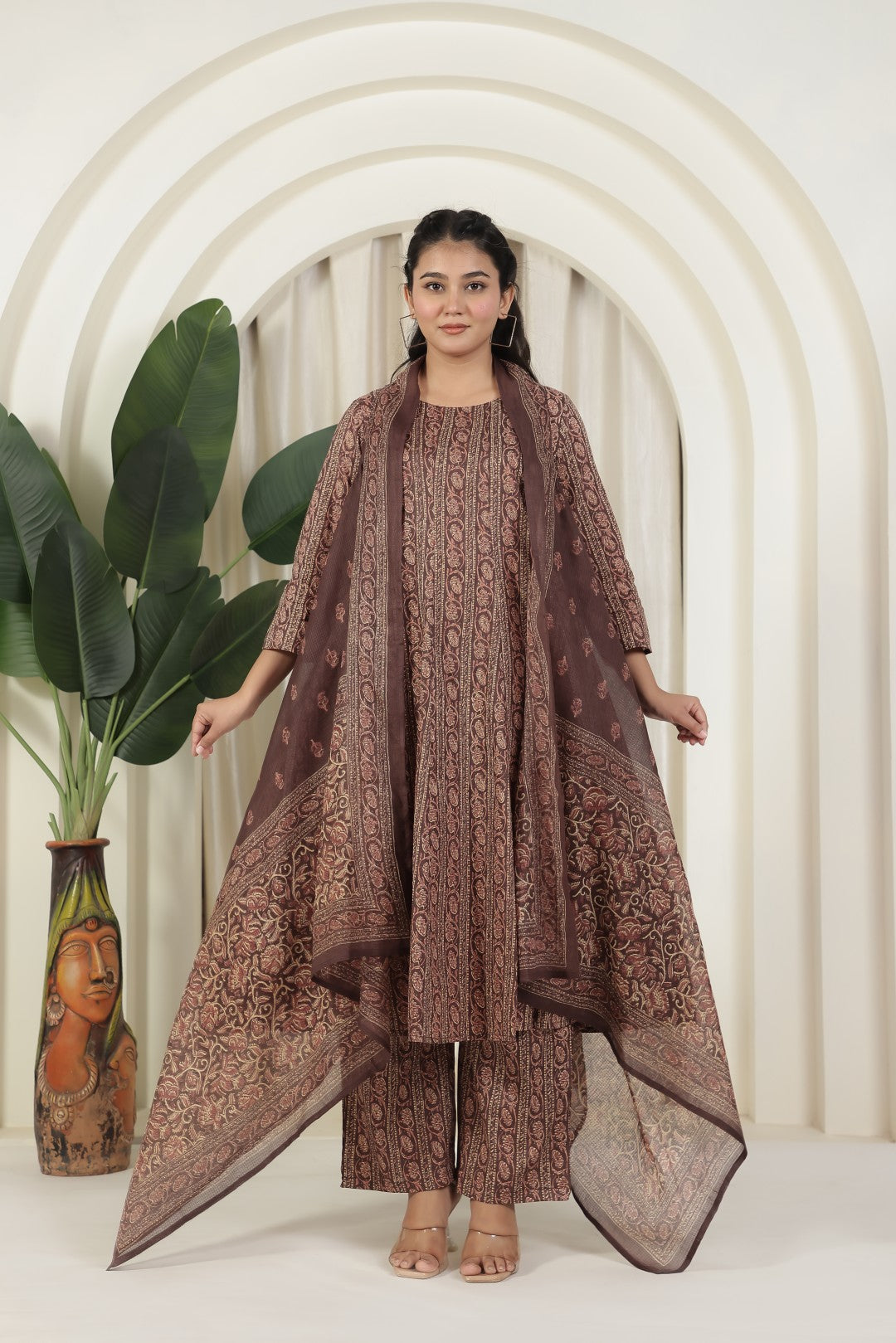 Chocolate Brown Cotton Printed Suit and Paired with a Matching Pant & Dupatta