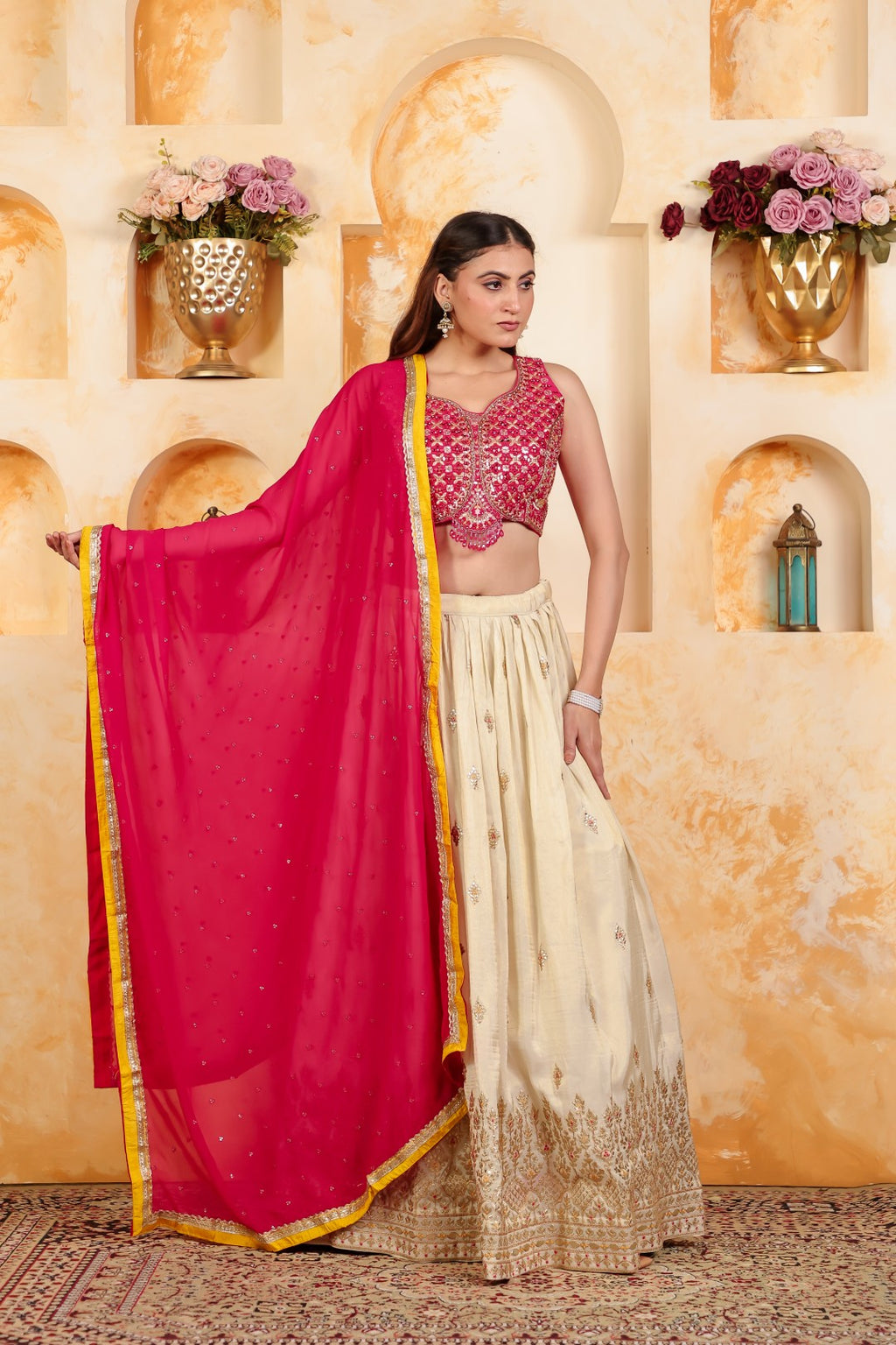 Rani Pink Dola Silk Blouse with Zari Mirror Work, Gotta Zari Work Lehenga with Dupatta