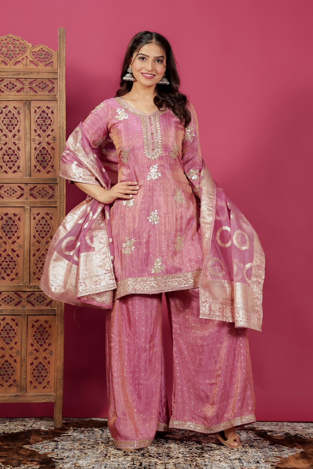 Pink Mosh Silk Suit with Banarsi Work, Palazzo & Dupatta