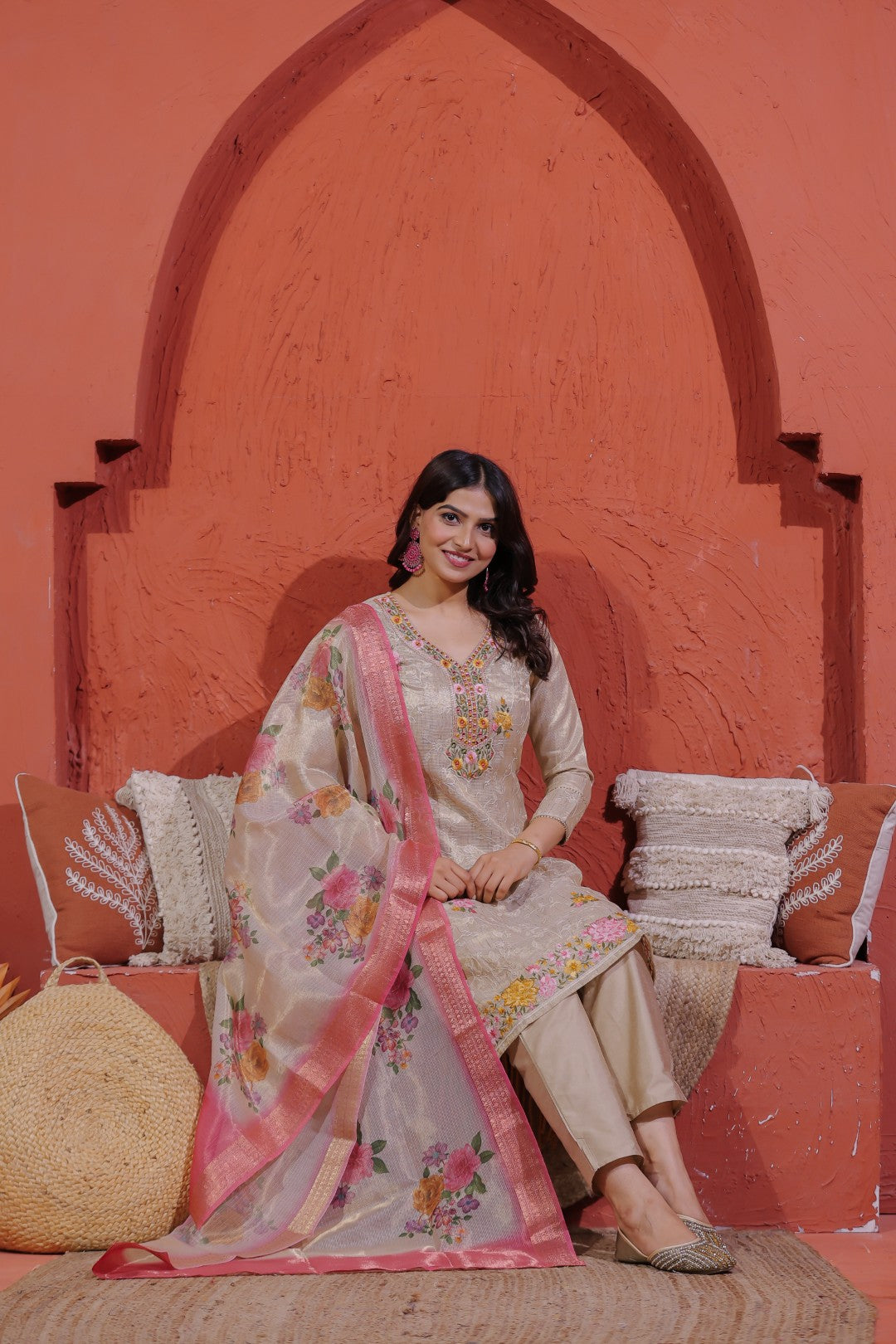 Beige Pure Chanderi Silk Suit with Thread Jaal Embroidery, Pant & Dupatta