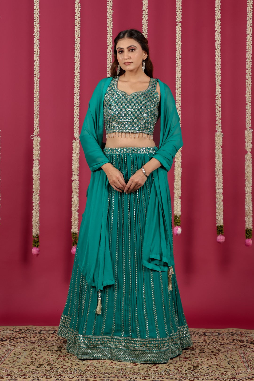Rama Green Georgette Lehenga with Sequin & Mirror Work Blouse & Dupatta