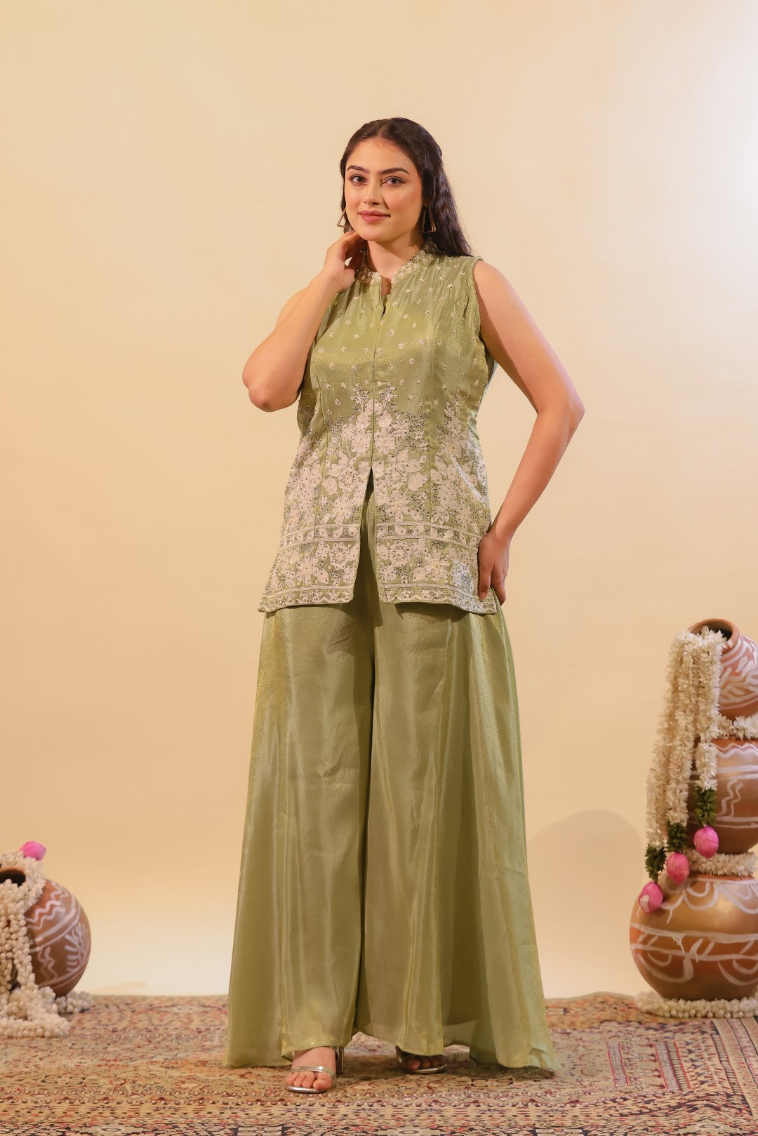 Pista Green Mosh Silk Jacket with Thread & Stone Work, Palazzo & Dupatta