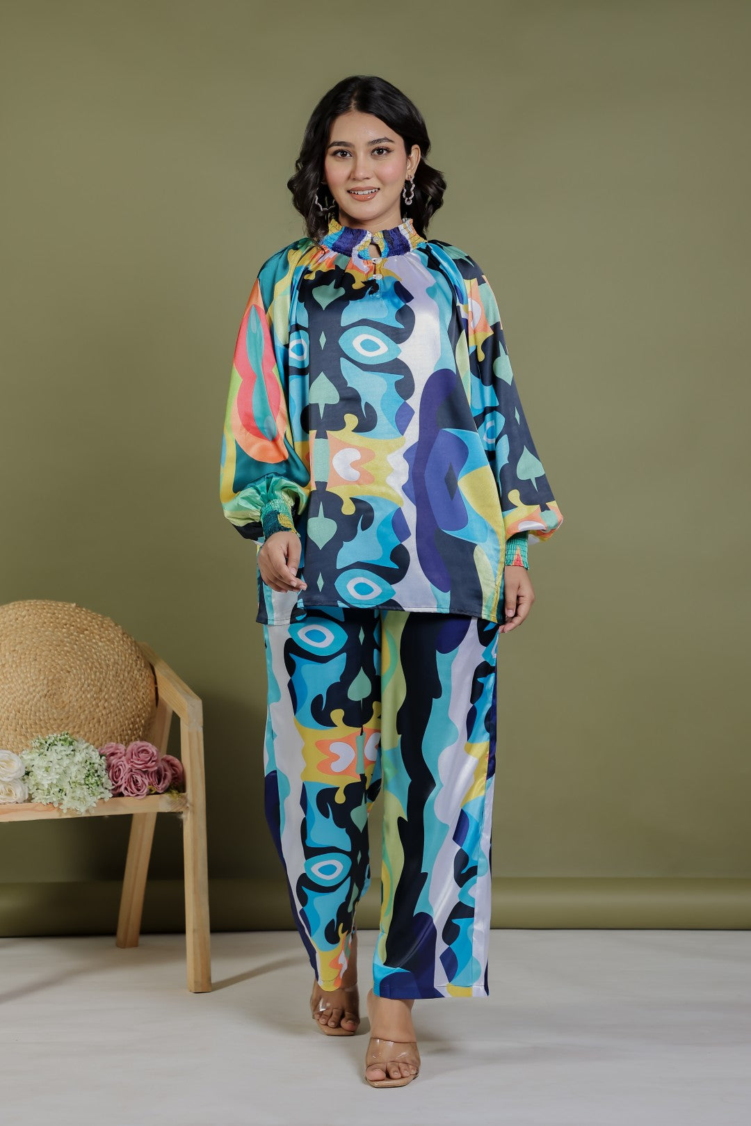 Multicolor Satin Printed Top and Multicolor Printed Bottom