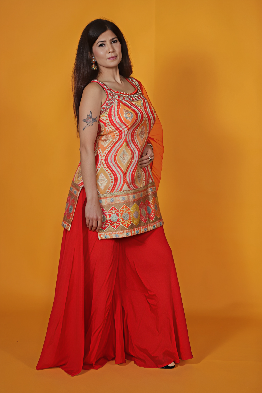 Red HO Silk Top with Position Printed Banarsi Work, Sharara & Net Dupatta