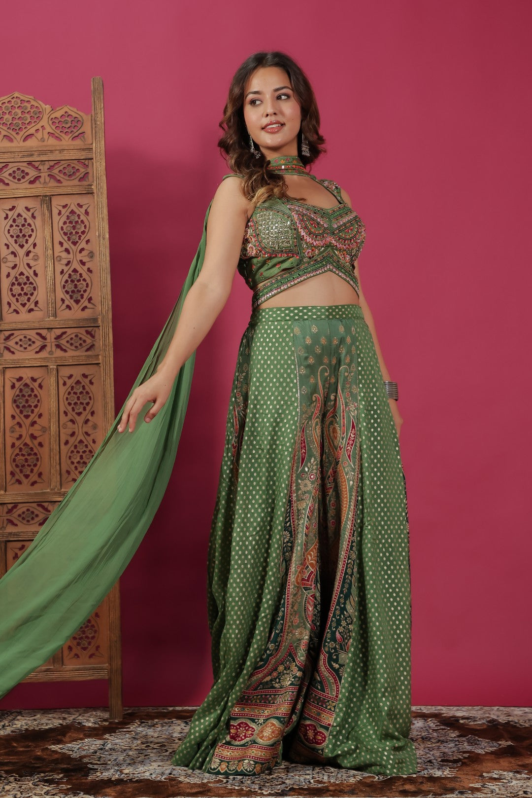 Green Silk Blouse with Zari & Mirror Work, Banarasi Printed Sharara & Dupatta