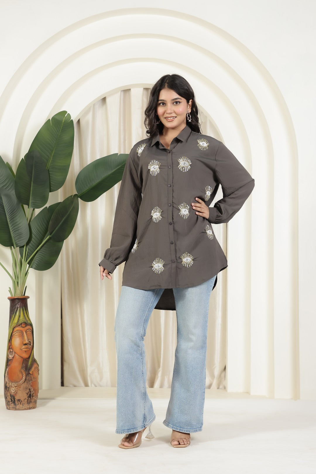 Charcoal Cotton Shirt with Sequence Handwork