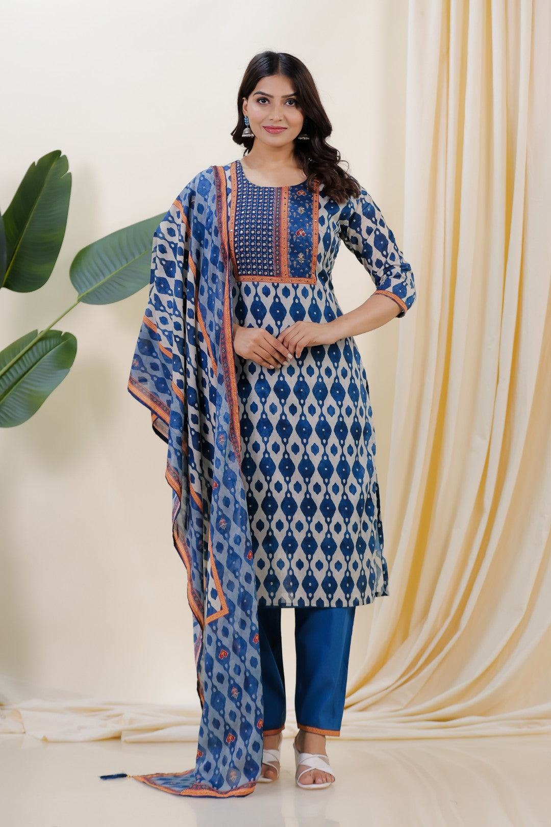 Light Grey & Diesel Blue Cotton Printed Suit with Sequin & Thread Work, Bottom & Dupatta