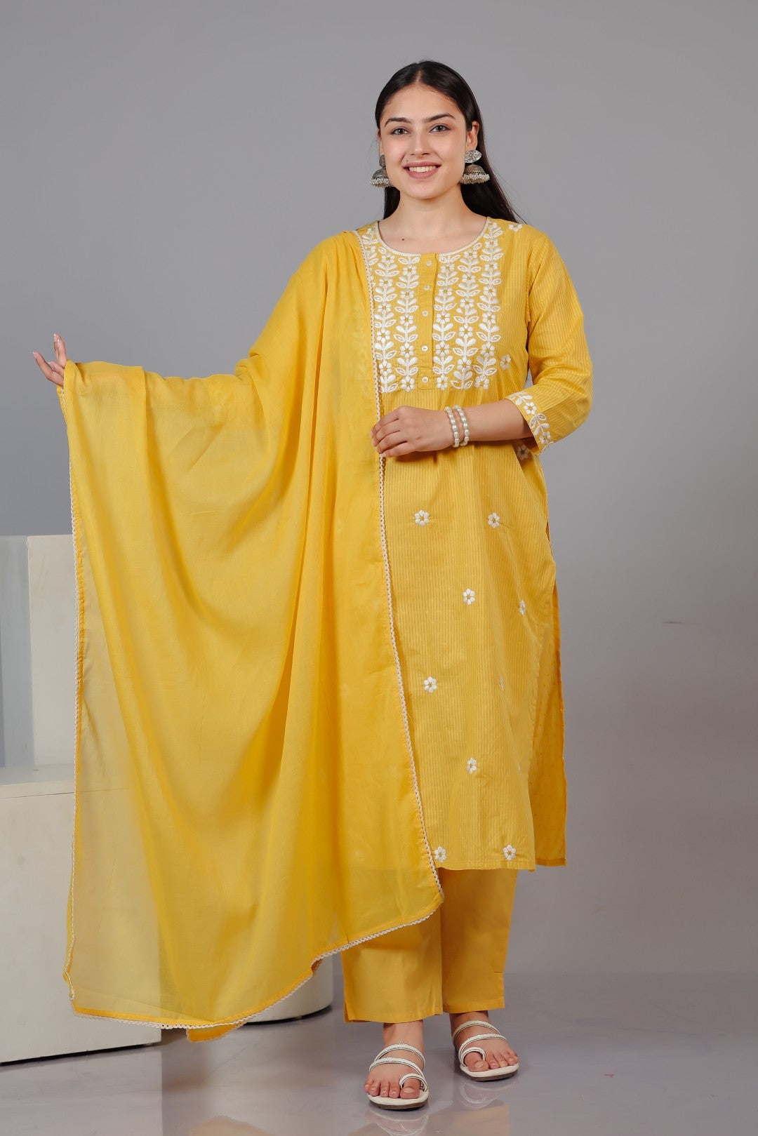 Yellow Cotton Suit with Fine Thread Work, Bottom & Dupatta