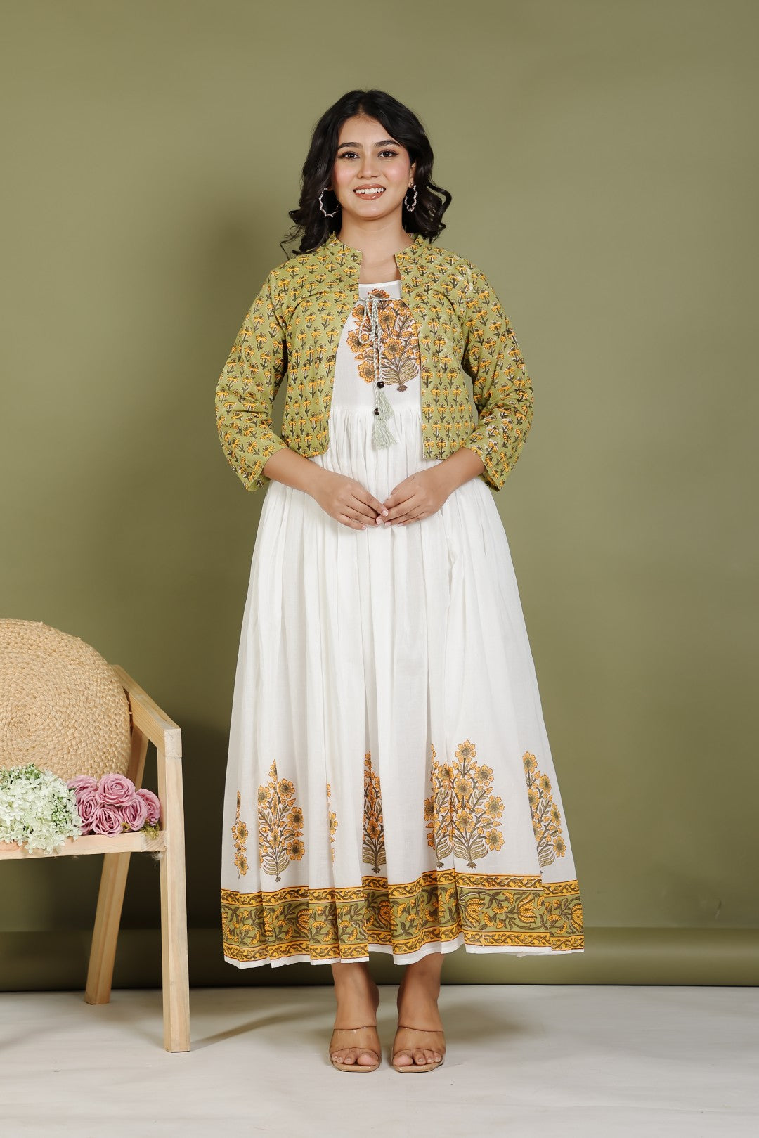 Offwhite Mulmul Cotton Suit with Pista Green Hand Block Sanganeri Print and Jacket