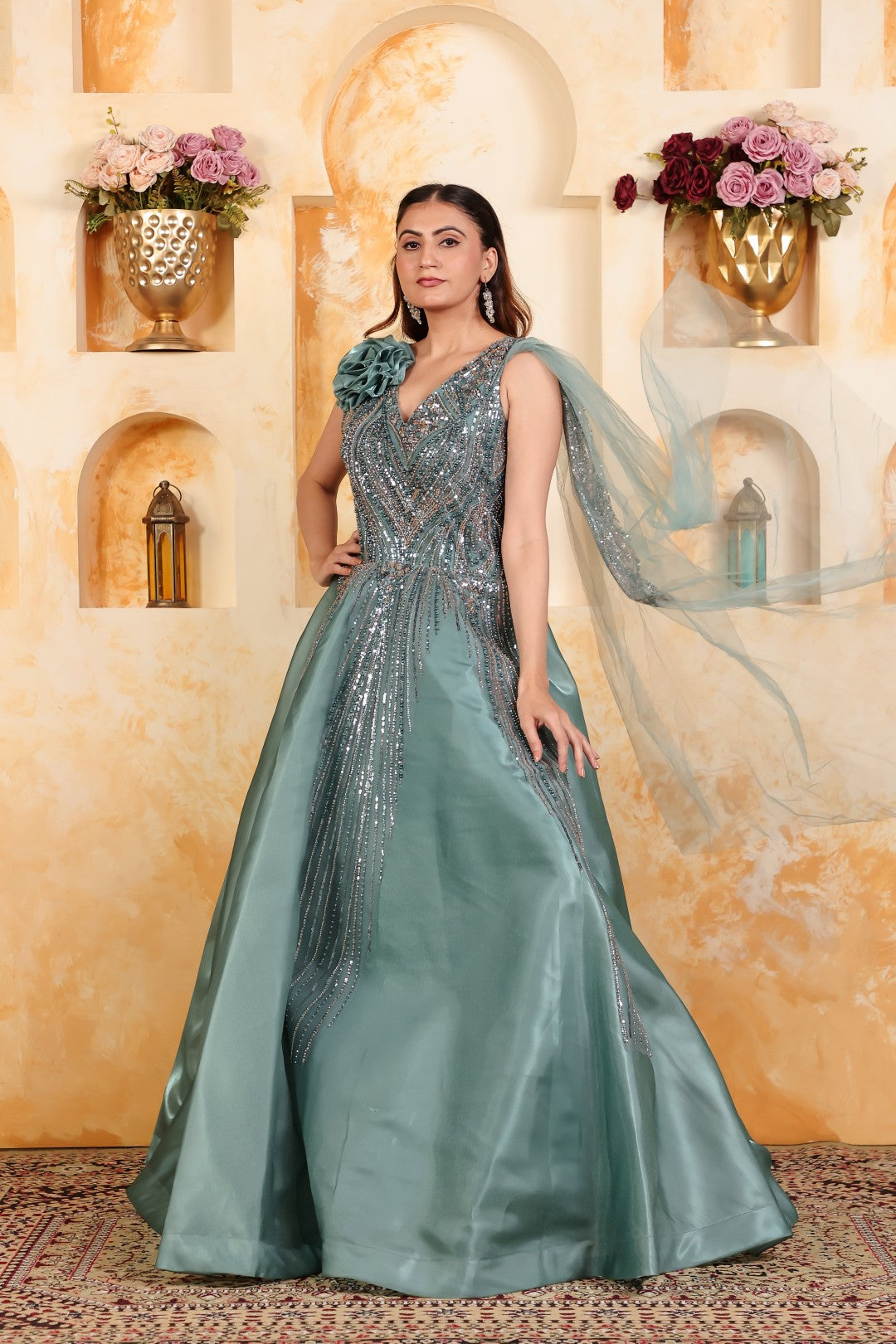 Teal Green Jimmy Choo Gown with Handwork & Attached Net Dupatta