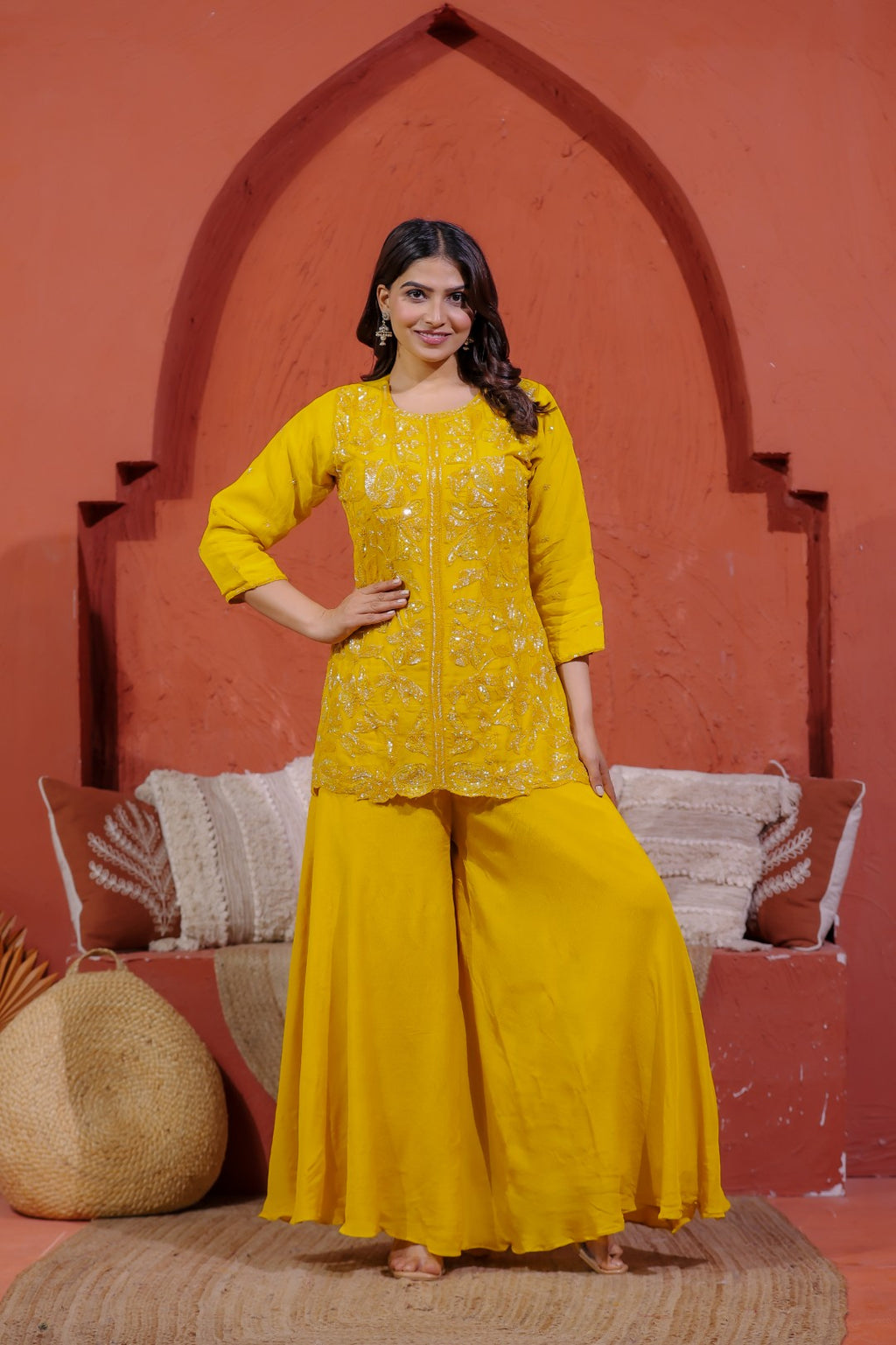 Yellow Pure Organza Top with Sequin Handwork, Sharara & Dupatta