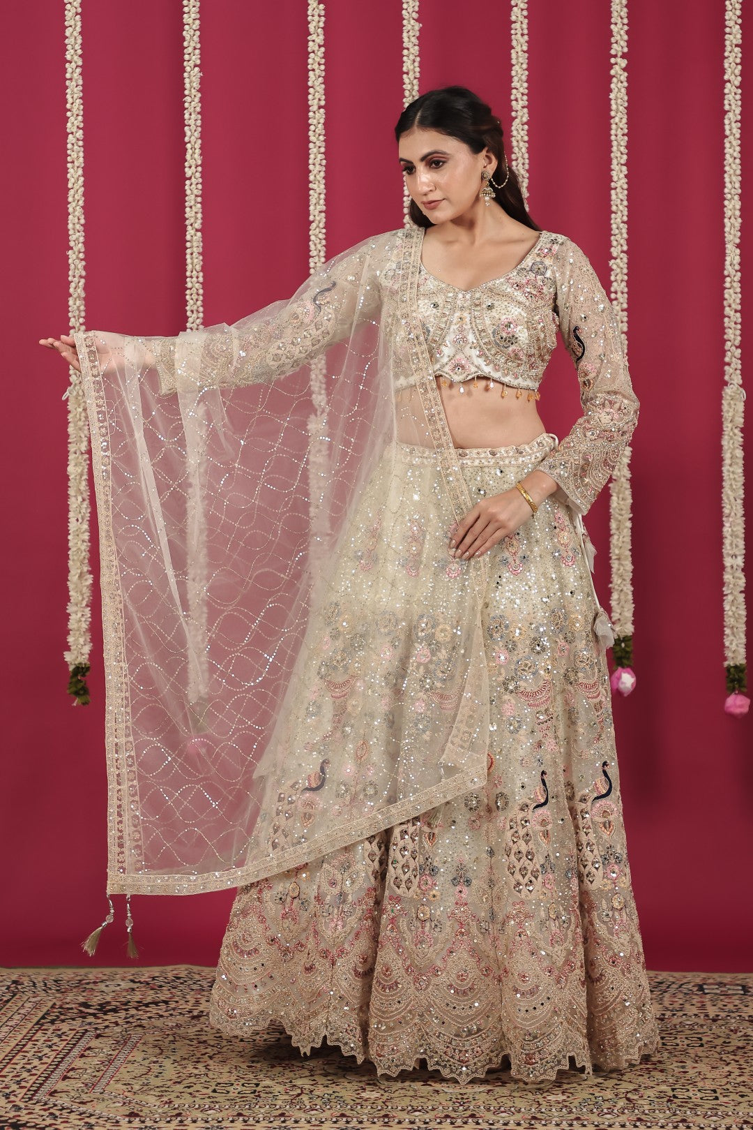 Off White Net Lehenga with Heavy Embroidery and Matching Blouse & Dupatta