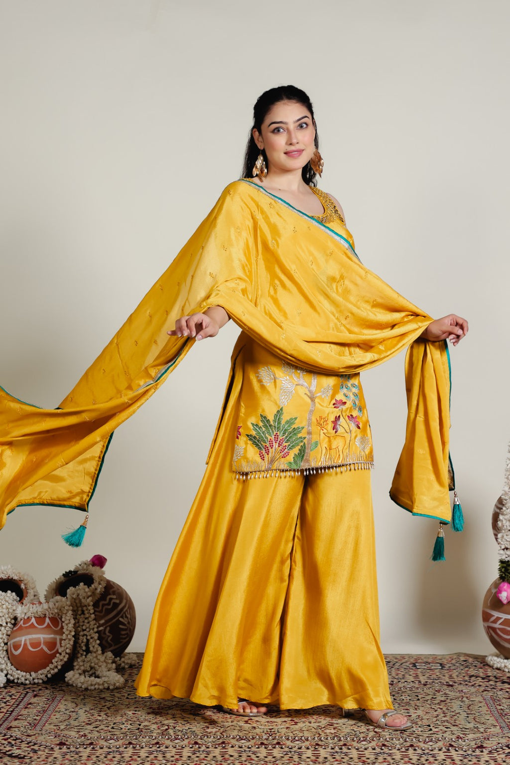 Mustard Yellow Chinon Suit with Peacock Zari Work, Sharara & Dupatta