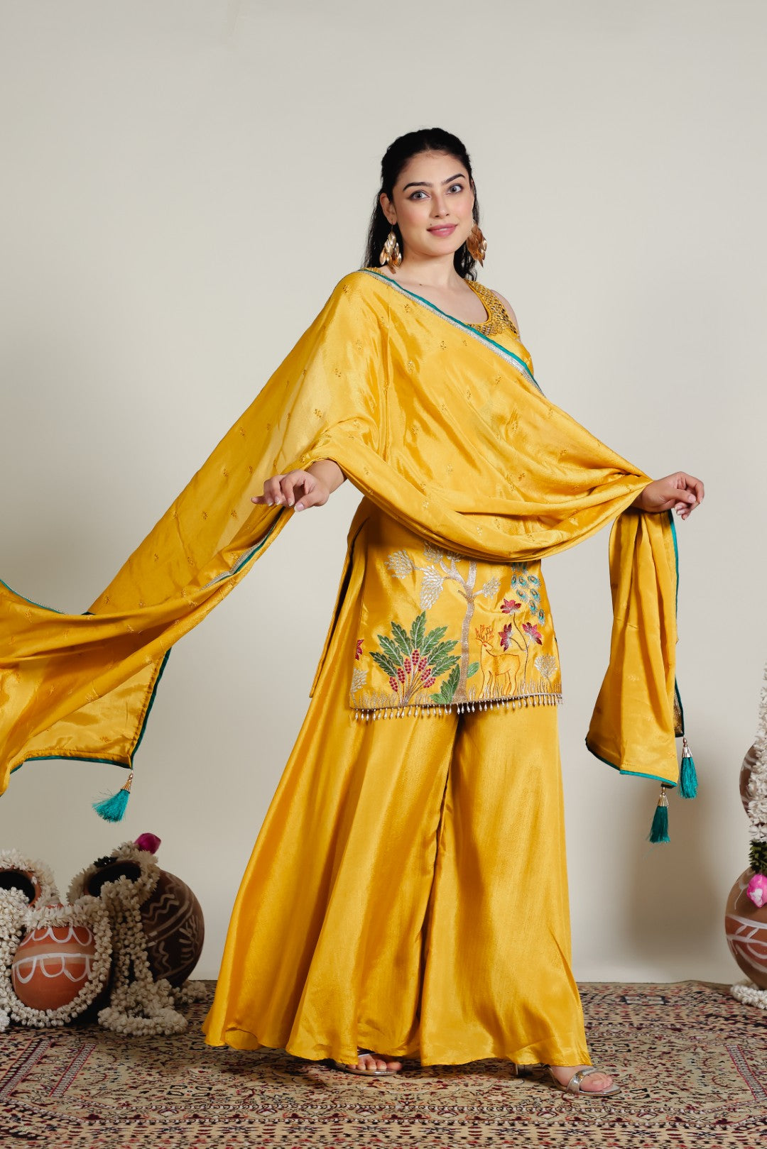 Mustard Yellow Chinon Suit with Peacock Zari Work, Sharara & Dupatta