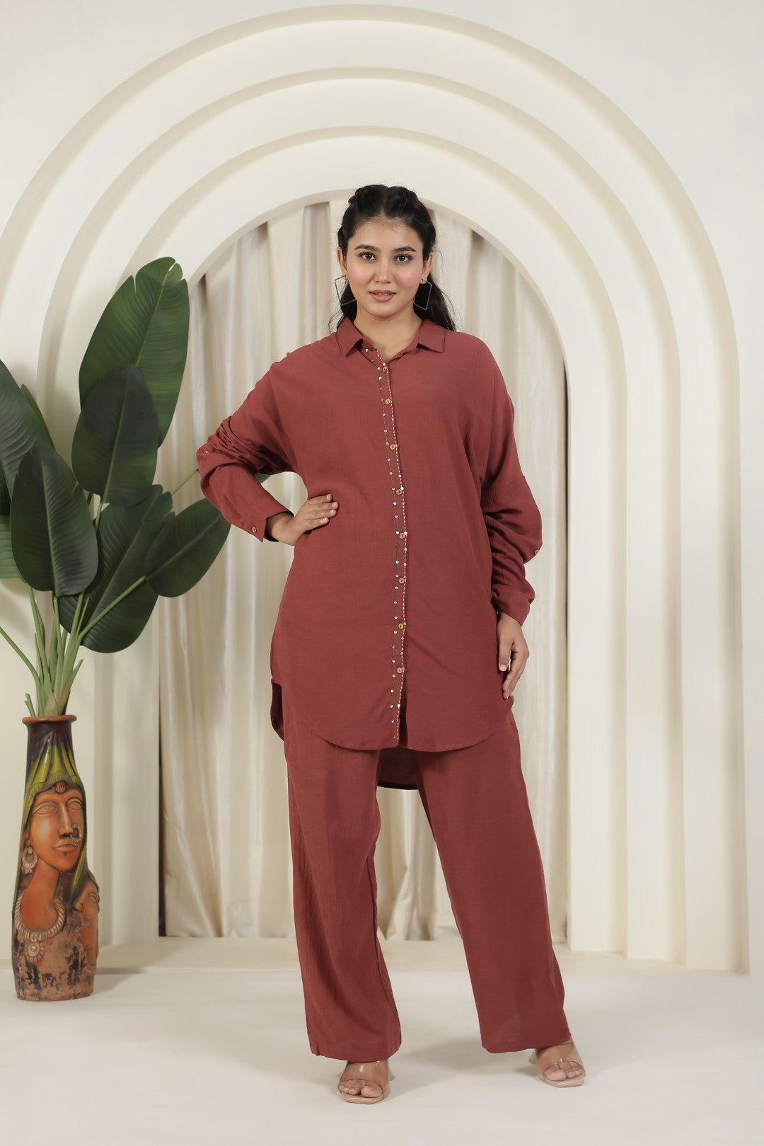 Rusty Brown Wrinkled Cotton Top with Back Thread & Sequence Work with Matching Pant