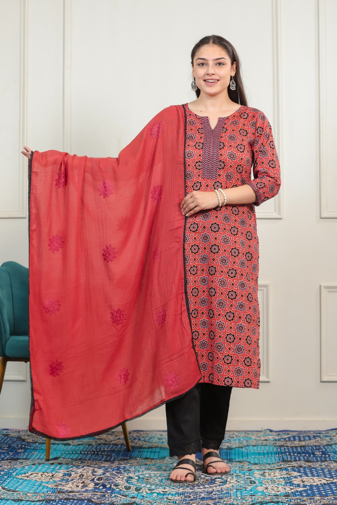 Rust Cotton Printed Suit with Bottom & Dupatta
