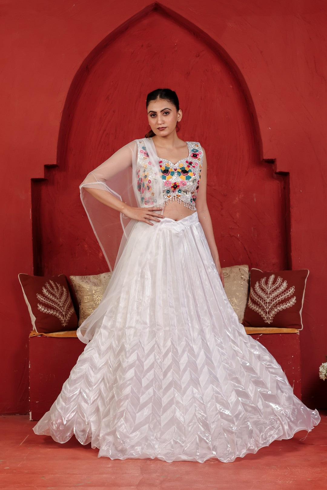 White Jimmy Choo Lehenga with Handwork Blouse & Net Dupatta