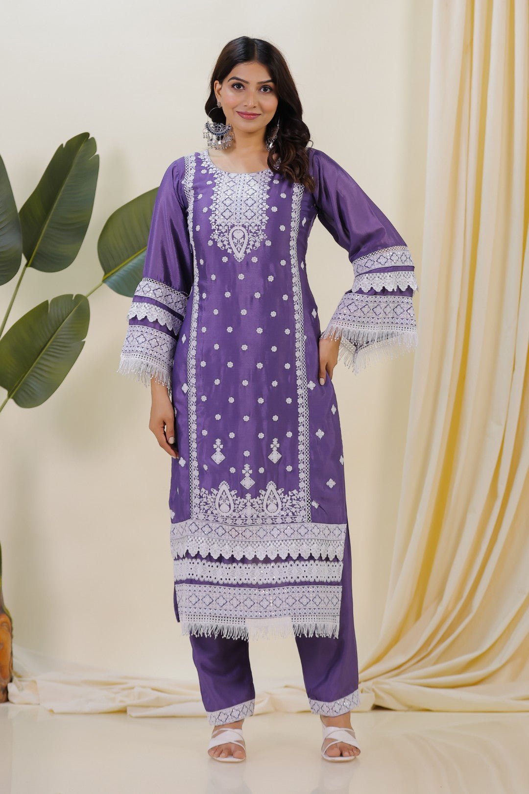 Lavender Chinon Silk Suit with Thread Work, Straight Pant & Dupatta