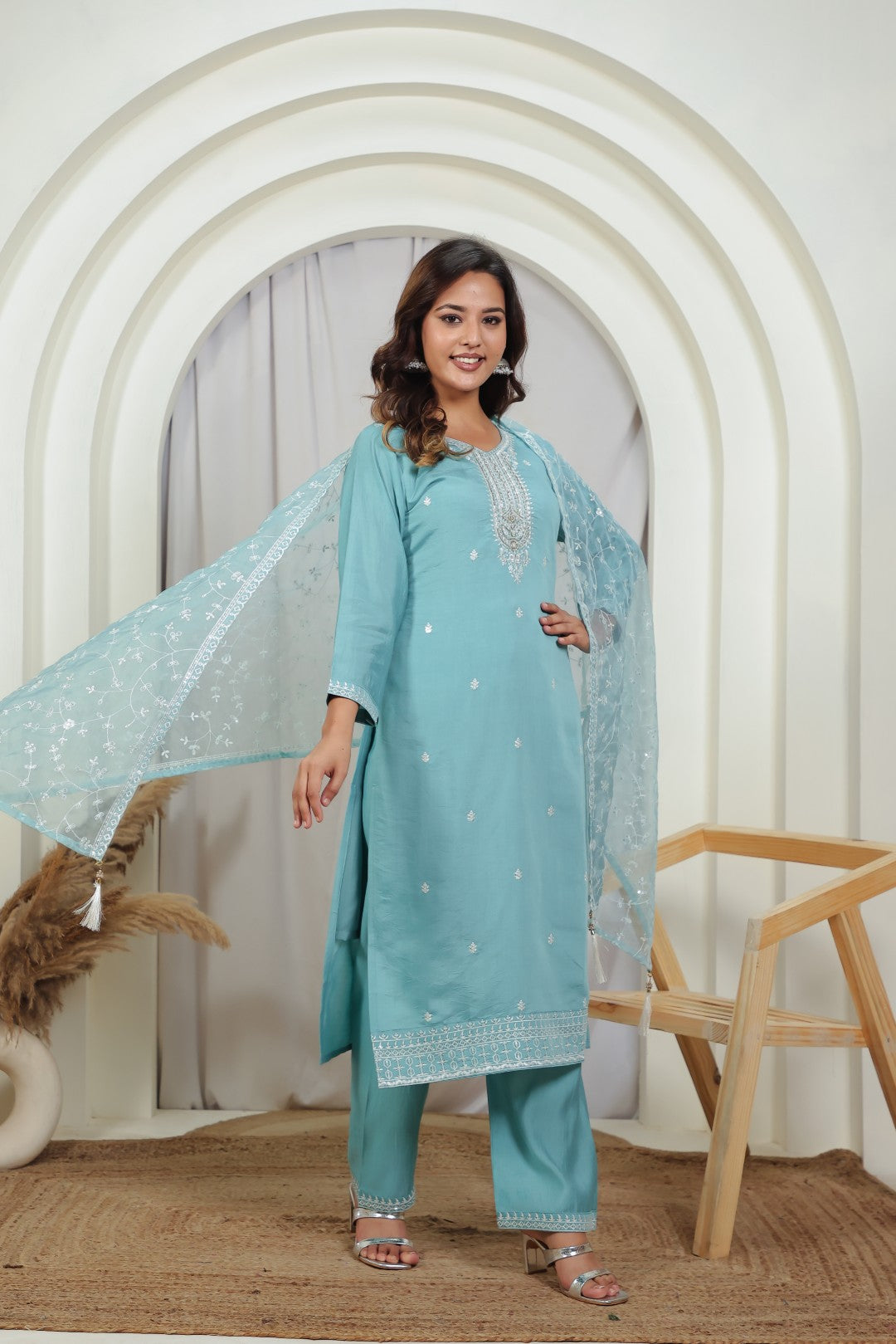 Sky Blue Muslin Suit with Thread Work, Straight Pant & Dupatta