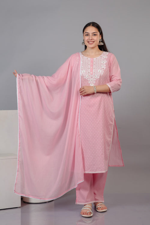 Baby Pink Cotton Suit with Thread Work, Bottom & Dupatta