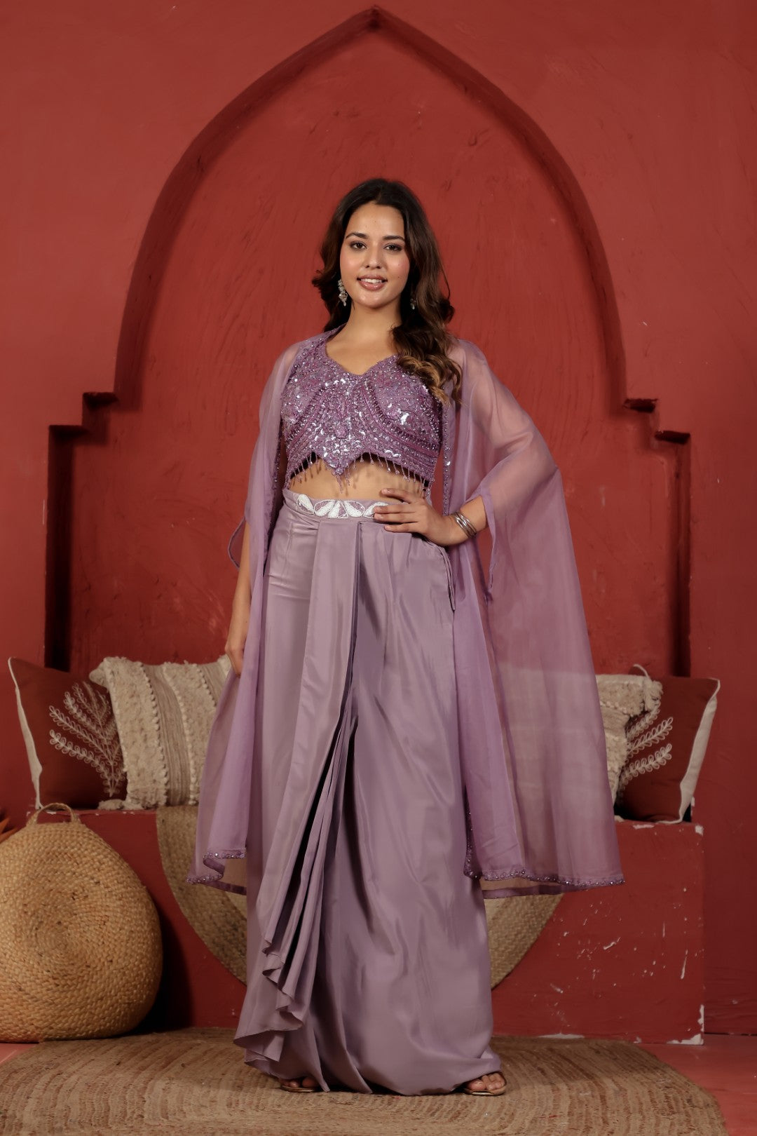 Lavender Satin Silk Blouse with Front Handwork, Dhoti & Shrug