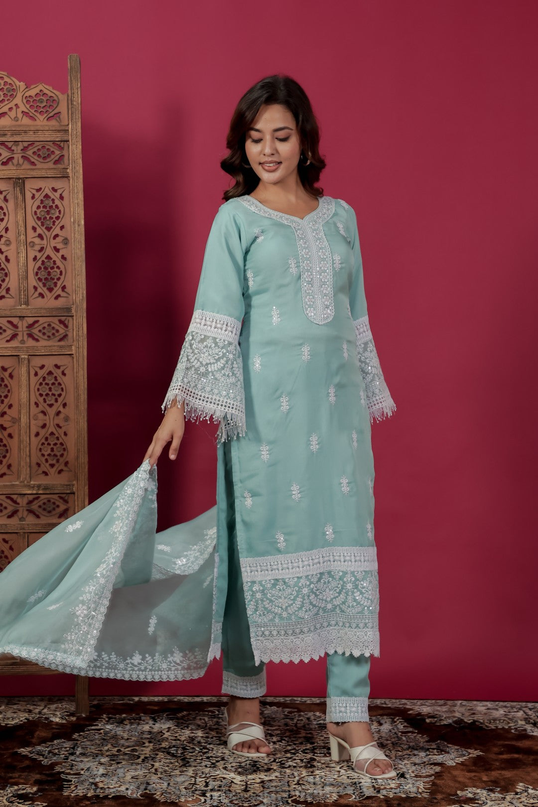 Sky Blue Organza Suit with Thread Work, Bottom & Dupatta