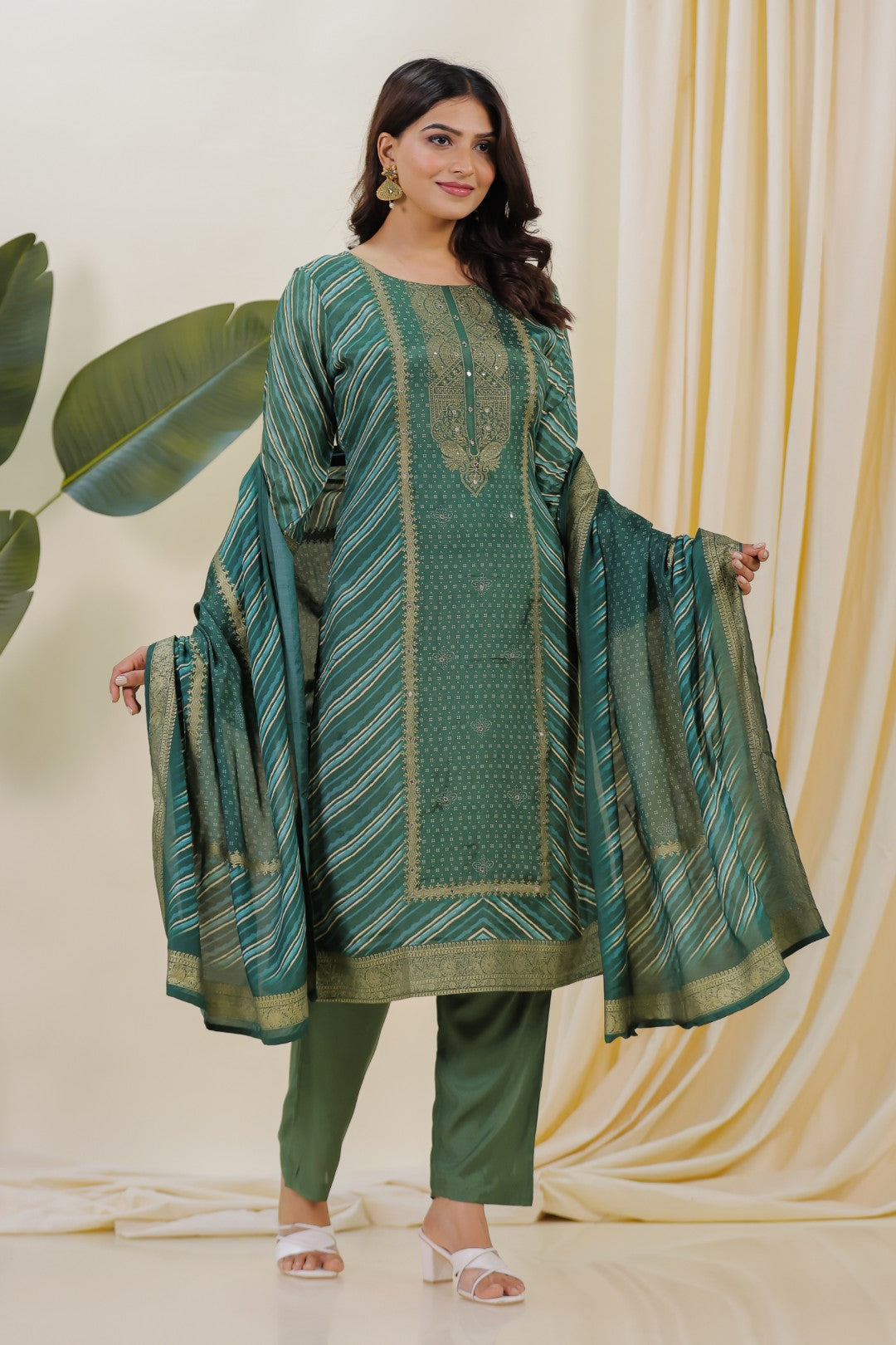 Green Silk Leheriya Print Suit with Foil Work, Bottom & Dupatta