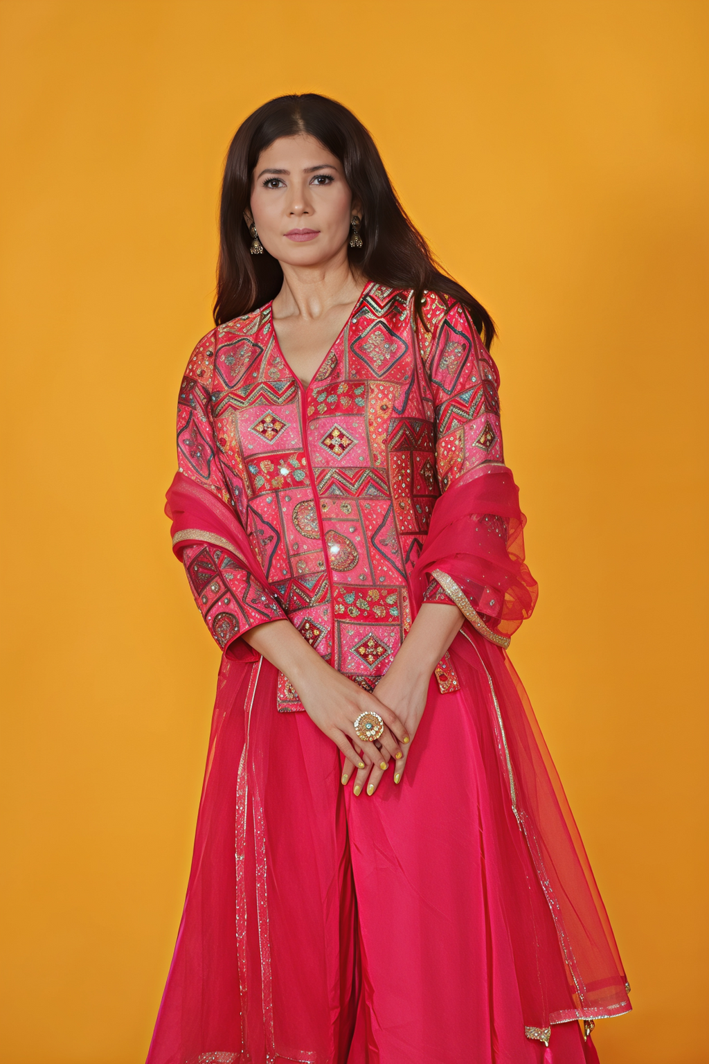 Pink Silk Position Printed Top, with Sharara & Dupatta