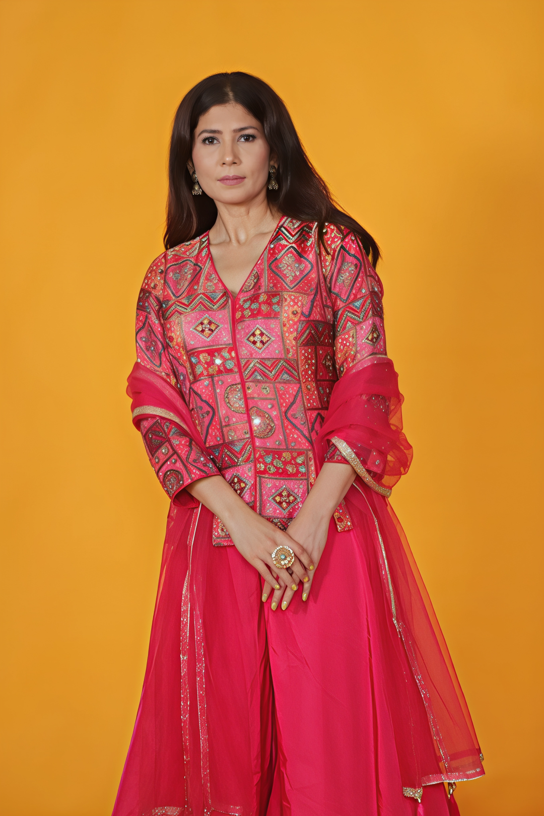 Pink Silk Position Printed Top, with Sharara & Dupatta