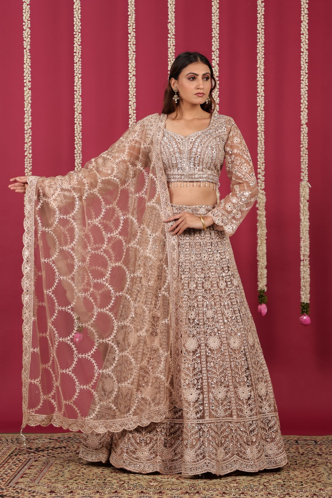 Light Brown Net Blouse with Full Zari, Mirror & Stone Work, Lehenga & Dupatta