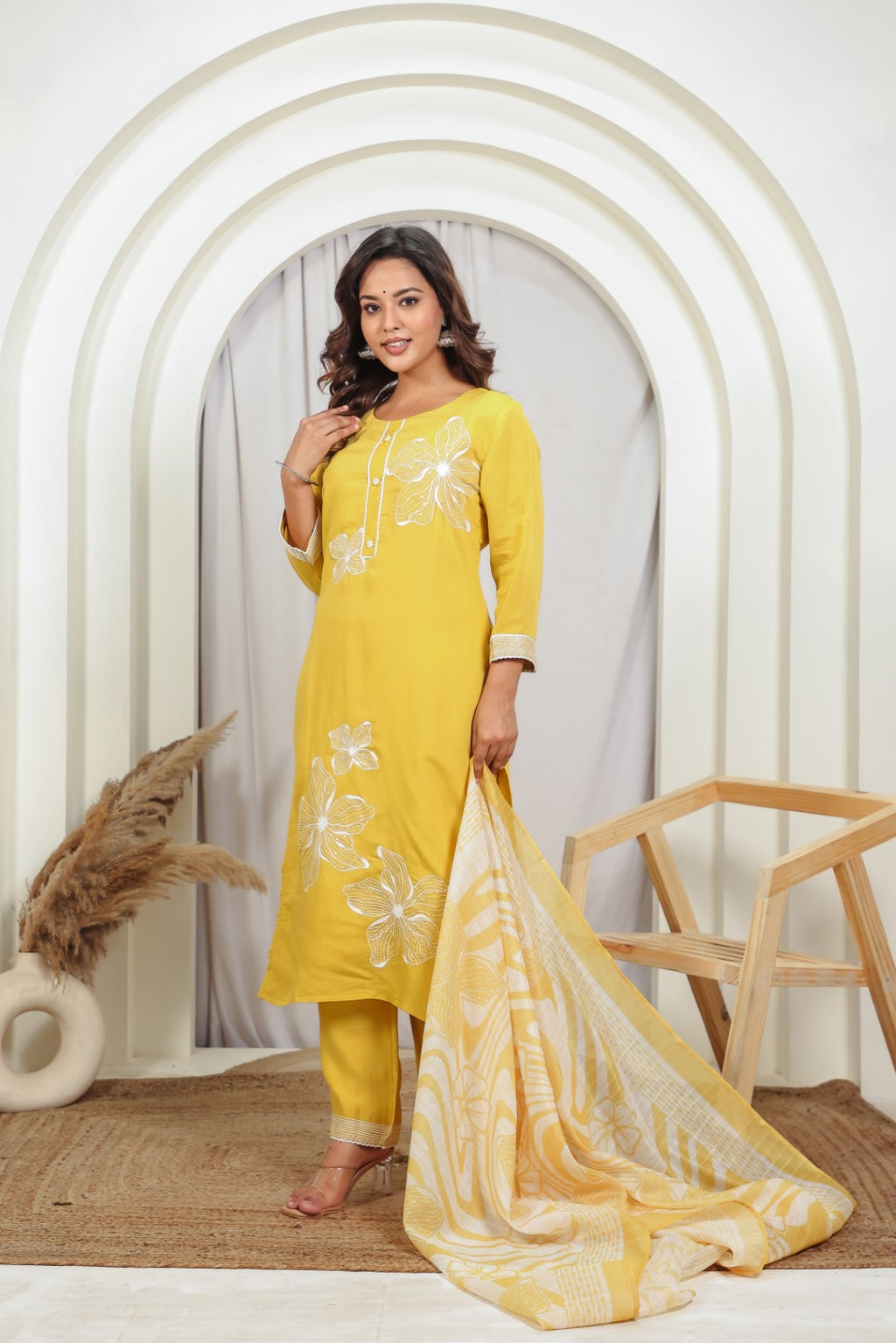 Yellow Muslin Suit with White Thread & Sequin Work, Bottom & Dupatta