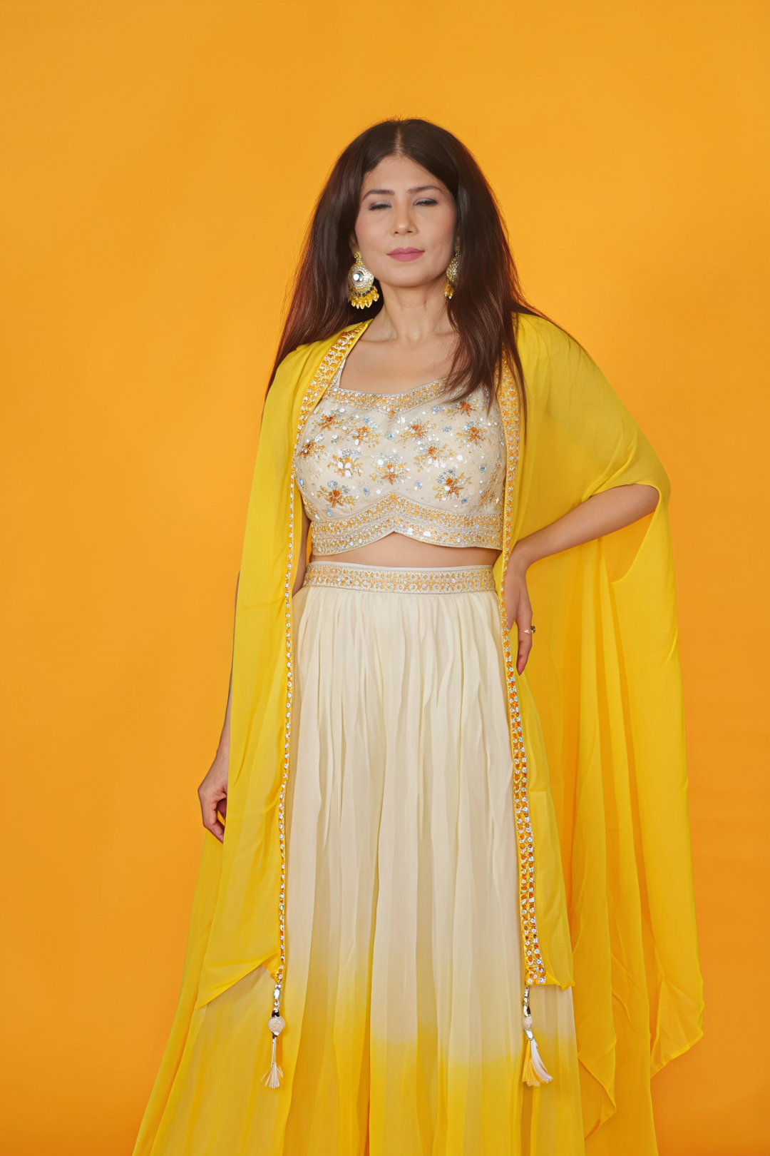 Off White Silk Blouse with Handwork, Offwhite and Yellow Sharara & Shrug